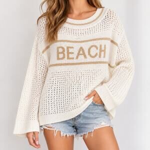 Cozy Co Womens S/M Ivory Beach Open Knit Sweater Pullover Coastal Top NWT